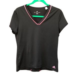 Adidas Medium Shirt 3 Stripe Logo Black Pink V-Neck Jersey Athletic Workout